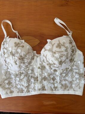 Embroidered White Floral Longline Bustier Bra